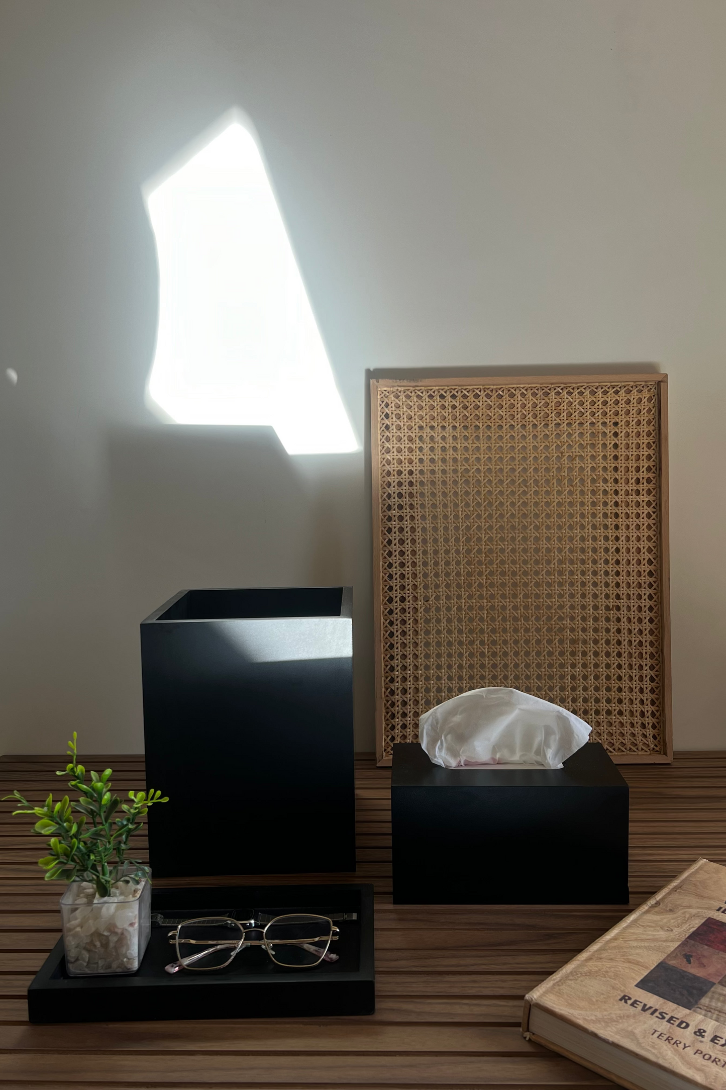 Wooden Office set of Tray, Trash Bin & Tissue Box