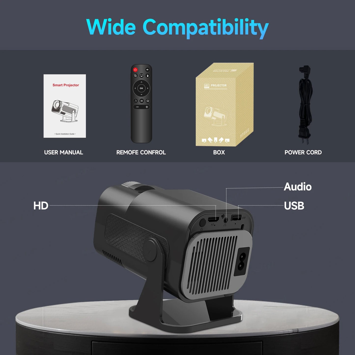 Smart Portable HY320 Mini Projector 4K Native 720P 300 ANSI 180° Rotatable